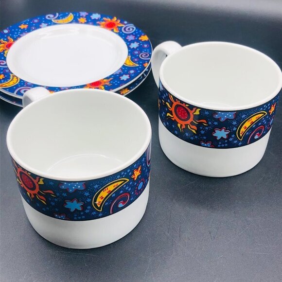 90s SAKURA Stoneware Celestial Cup Saucer Set PAIR Vintage Astral Moon Star Sun - Picture 6 of 10